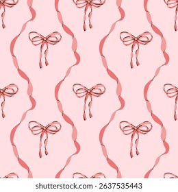 Coquette Bows, Vintage ribbon seamless Pattern. Pink red satin bow knots Damask Print for Valentine