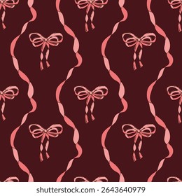 Coquette Bows, Vintage ribbon seamless Pattern. Pink red satin bow knots Damask Print for Valentine