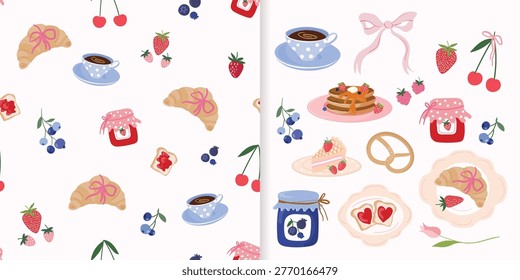 Coquette breakfast set with seamless pattern and elements, croissant, fresh fruits, decorative whimsical wallpaper, spring summer background