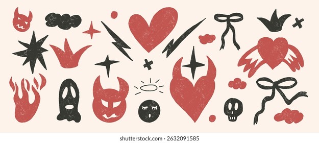 Coquette breaking heart doodles set. Devil and angels crayon drawn background. Scribble grunge elements. Fire, bows, crown and grunge punk shapes. Vector illustration by pencil on beige background.