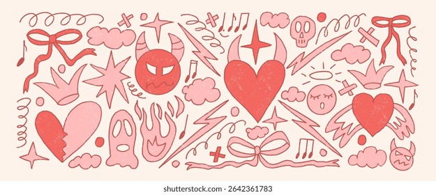 Coquette breaking heart doodles set. Devil and angels crayon drawn background. Scribble grunge elements. Fire, bows, stars and line art pink shapes. Vector illustration by pencil on beige background.
