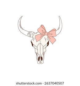 Coquette Bull Skull with Bow on Horn Vector Illustration Set Isolated on White. Girlish Boho Western Design for Fabric, Kids, Stationery, Fashion and Home Decor.