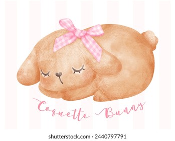 Coquette Bunny, Adorable Brown rabbit with pink ribbon bow watercolor Aesthetic painting