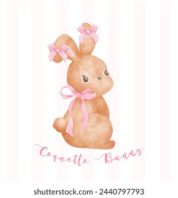 Coquette Bunny, Adorable Brown rabbit with pink ribbon bow watercolor Aesthetic painting