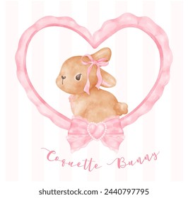 Coquette Bunny, Adorable Brown rabbit in heart frame with pink ribbon bow watercolor Aesthetic painting