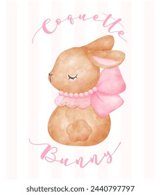 Coquette Bunny, Adorable Brown rabbit with pink ribbon bow watercolor Aesthetic painting