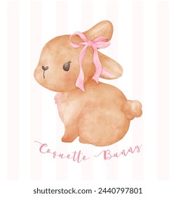 Coquette Bunny, Adorable Brown rabbit with pink ribbon bow watercolor Aesthetic painting