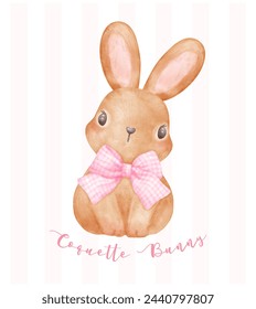 Coquette Bunny, Adorable Brown rabbit with pink ribbon bow watercolor Aesthetic painting