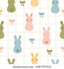 Coquette bunny and bows seamless pattern. Retro groovy Easter bunny pattern. Easter hand drawn vector design in flat style