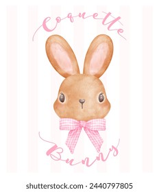 Coquette Bunny, Brown rabbit with pink ribbon bow watercolor Aesthetic painting