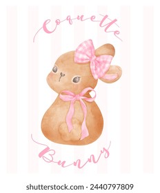 Coquette Bunny, Brown rabbit with pink ribbon bow watercolor Aesthetic painting