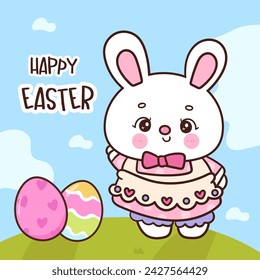 Coquette bunny easter with eggs. Series: Kawaii animals rabbit egg hunting (Character cartoon). Spring activities holiday. Perfect make a wish for baby t shirt fairy tale book, celebration party.