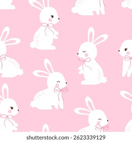 Coquette bunny seamless pattern with bows and ribbons. Easter vector design for fabric, wallpaper or wrapping paper.