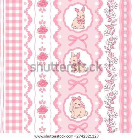 Coquette Bunny Seamless Pattern, Pink Vintage Easter Digital Paper, Ribbon Bow and Lace Fabric File, Pink Roses Lacy Stripes Repeat Pattern Design Vector