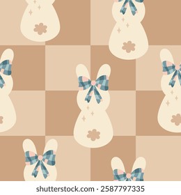 Coquette bunny seamless pattern. Retro groovy bunny pattern. Checkered Easter bunny design. Hand drawn vector illustration in flat style