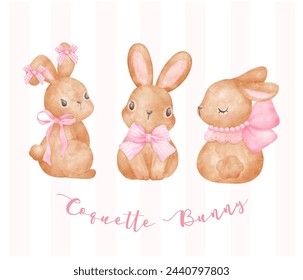 Coquette Bunny set, Two Adorable Brown rabbits in heart frame with pink ribbon bow watercolor Aesthetic painting