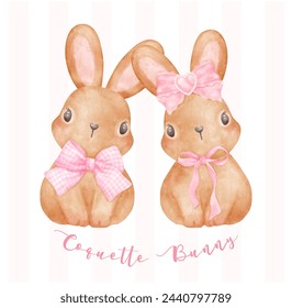 Coquette Bunny, Two Adorable Brown rabbit in heart frame with pink ribbon bow watercolor Aesthetic painting