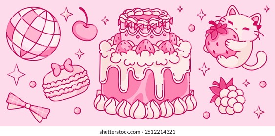 Coquette cake and cute animal mascot on pink background. Vector cartoon illustration of vintage doodle dessert, retro disco ball, kawaii style cat character hugging strawberry, romantic y2k symbols