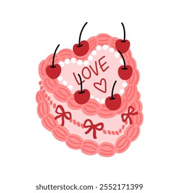 Coquette cake decorated with cream, red bow, cherry berry, beads. Vintage heart shaped cake for wedding or birthday, valentine day. Clipart in flat art