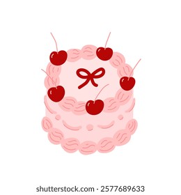 Coquette cake decorated with cream, red bow, cherry berry.  Holiday confectionery. Vintage sweet cake for wedding or birthday, valentine day. Flat vector illustration isolated on white background