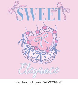 Coquette cake decorated with cream, red bow, cherry berry, beads. Vintage heart shaped cake for bird day and apparel t-shirt graphics for girls , valentine day. Clipart in flat art