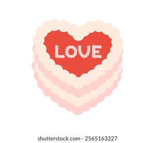 Coquette cake. Heart shape Cake with word love. Sweet dessert. Romantic symbol. Valentine's day element. Flat Vector illustration isolated on white background