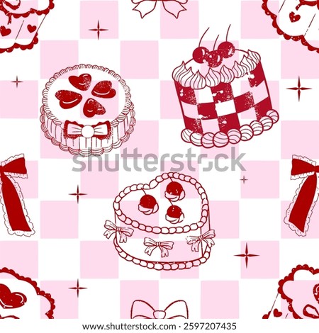 Coquette cake pattern seamless, Vintage Pink Cake pattern  Collection with Retro Decorations and Heart cake, pink coquette clipart , y2k clipart, pink ribbon, loveCoquette cake repeat background