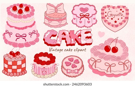 Pastel de coqueta, Colección de pastel rosa Antiguas con decoraciones retro y pastel de corazón, Clipart de coqueta rosa