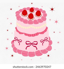 Coquette cake, Vintage Pink Cake Collection with Retro Decorations and Heart cake, pink coquette clipart , y2k clipart, pink ribbon, Pink Coquette Ribbon Clipart Gift bow valentine