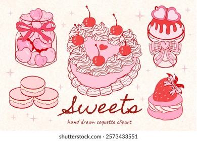 Coquette cake, Vintage Pink Cake Collection with Retro Decorations and Heart cake, pink coquette clipart , y2k clipart, pink ribbon, Pink Coquette Ribbon Clipart Gift bow valentine