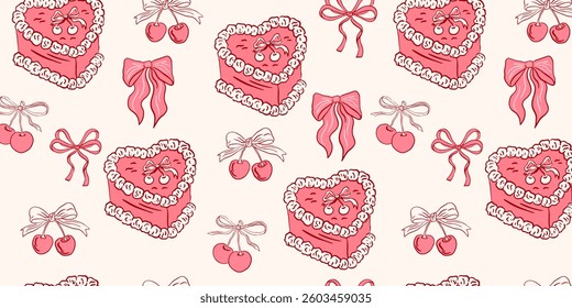 Coquette cakes with cherry, bows seamless pattern. Hand drawn vintage background with girly aesthetic element for Valentine's day, wedding, birthday. Trendy print for wrapping paper, fabric, textile.