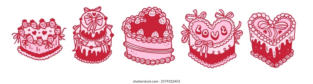 Coquette cakes set with bows and strawberries, heart shaped dessert in retro 90s style. Trendy vintage pink girls vector illustration