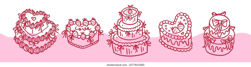 Coquette cakes set. Vintage Cake Collection with Retro Cream Decorations and Heart cake. Valentine's day pink coquette clipart. Hand drawn doodle vector illustration,