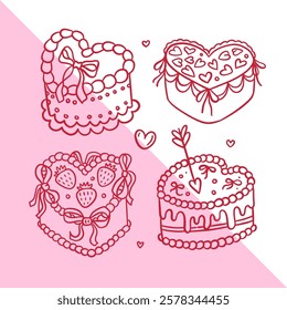 Coquette cakes set. Vintage Cake Collection with Retro Cream Decorations, bows and hearts. Valentines day pink coquettish clipart. Hand drawn doodle linear vector illustration,