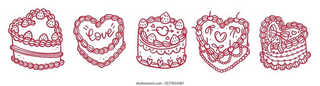 Coquette cakes set. Vintage linear Cake Collection with retro decorations. Heart cake coquette clipart with bows. Coquettish Ribbon Gift valentine's day. Hand drawn linear doodle vector illustration.