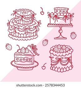 Coquette cakes set. Vintage linear Cake Collection with retro decorations. Heart cake coquette clipart with bows and berries. Coquettish Ribbon Gift valentines day. Hand drawn linear doodle vector