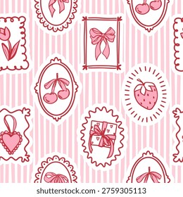 Coquette Cameo with Bow, Cherry and Strawberry Seamless Pattern. Whimsical Vintage Fruit Design on Blue stripes background for Wedding, party decoration, gift, present concept. Vector illustration.