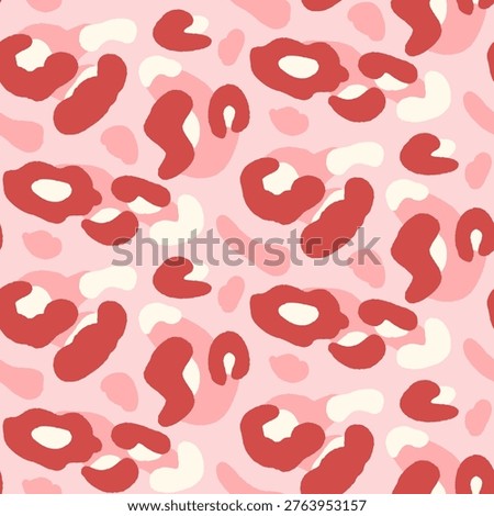 Coquette camouflage seamless pattern in red and pink for feminine print. Girly rosette and coquette spot as hand drawn vector on pink. Organic animal motif in chic aesthetic for fashion design.