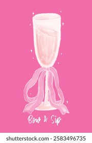 Coquette Champagne Glass with Pink Ribbon Bow Watercolor