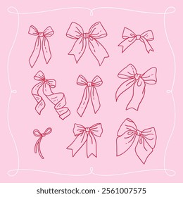 Coquette charming pink heart bows set. Girly pretty doodle hair decor, boho linear girl bow accessories. Ribbon isolated hand vector drawn art. Trendy fancy concept for Valentine's day