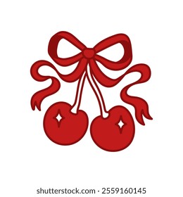 Coquette charming red bow with cherry berry, stars. Elegant bow knot, gift bow. Beautiful holiday decorative element, festive present decor. Vintage hand drawn clipart