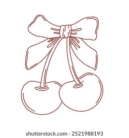 Coquette cherries with bow. Black and white contour line cherry icon. Page color kids. Vector illustration. 