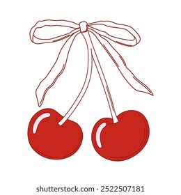 Coquette cherries with bow. Cherry with ribbon. Vector illustration for posters, cards, logo, printing on t-shirt etc.