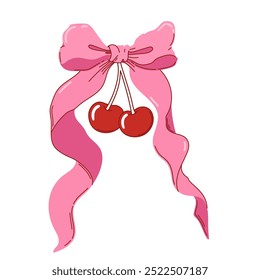 Coquette cherries with bow. Cherry with ribbon. Vector illustration for posters, cards, logo, printing on t-shirt etc.