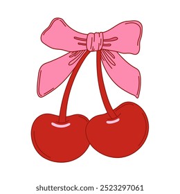 Coquette cherries with bow. Cherry with ribbon. Vector illustration for posters, cards, logo, printing on t-shirt etc.