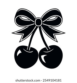 Cerezas Coquette con Ilustración vectorial de icono de arco aislado en blanco. Diseño de logotipo de plantilla de cereza simple. Símbolo de silueta de frutas. Plantilla para el arte de la pared del corte del laser.