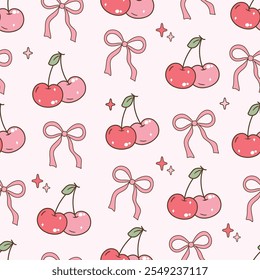 Coquette Cherries and Bow Seamless Pattern. Vector Illustration