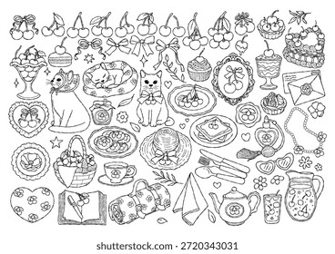 Coquette Cherries Collection Outline Vector, Valentine Cherries and Cat Line Art Doodle, Girly Valentine Picnic Coloring Page Hand Drawn Design
