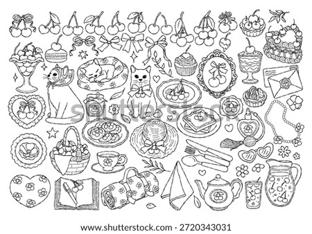 Coquette Cherries Collection Outline Vector, Valentine Cherries and Cat Line Art Doodle, Girly Valentine Picnic Coloring Page Hand Drawn Design