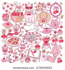 Coquette Cherries Collection Vetor, Valentine Cherries e Cat Doodle, Moda Girly Valentine Picnic desenhado à mão Design Vetor
